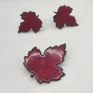 Vintage Enamel Brooch Earrings Set Screw Back Leaf Red Maple